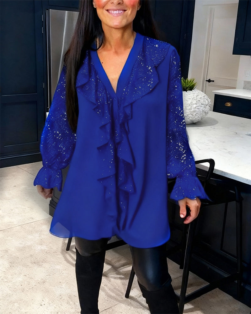Loose Glitter Blouse with V-Neck & Ruffles