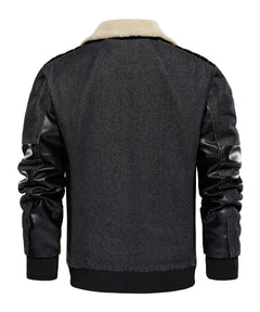 Bomberjack met denim en leren mouwen