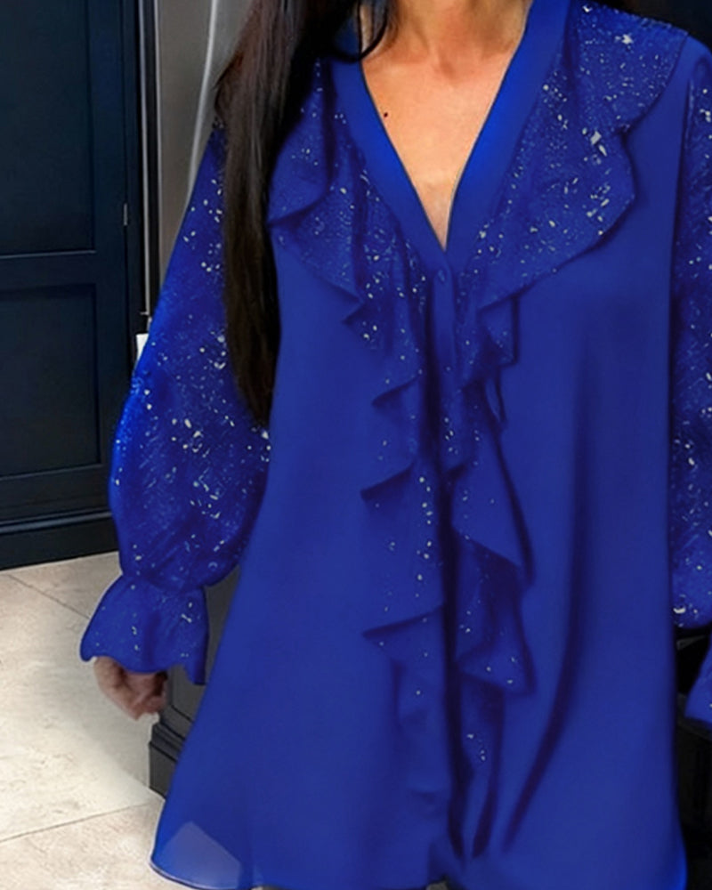 Loose Glitter Blouse with V-Neck & Ruffles