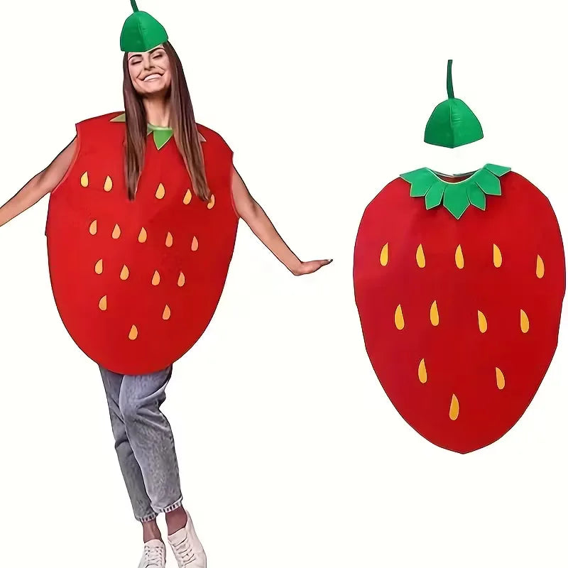 Aardbei kostuum met groene bladeren en hoofddeksel