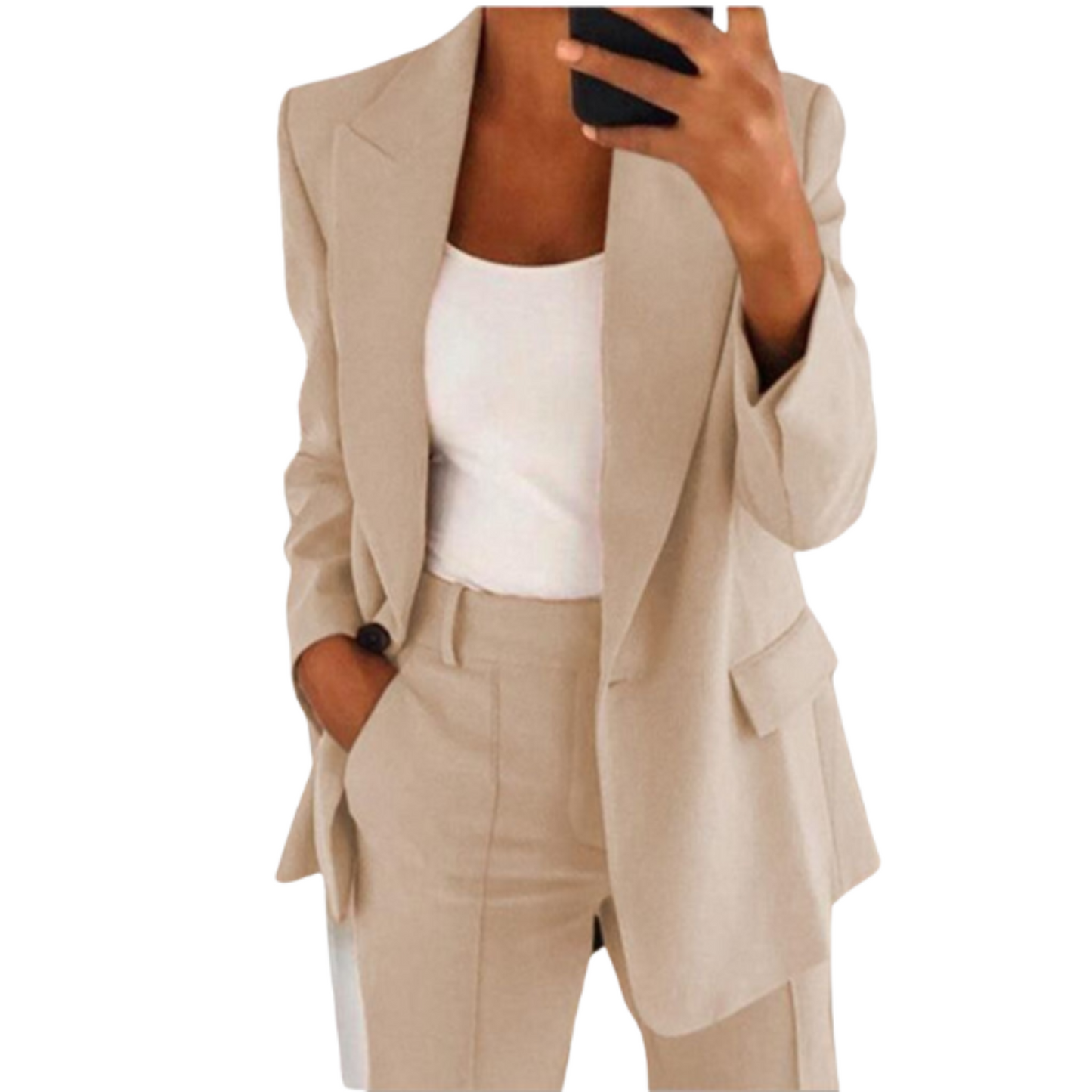 Stijlvolle dames blazer set, bestaande uit een lange blazer en pantalon. Deze set biedt een combinatie van elegantie en comfort voor diverse gelegenheden. Gemaakt van hoogwaardige en ademende materialen, met een perfecte pasvorm voor een moeiteloos elegante uitstraling.