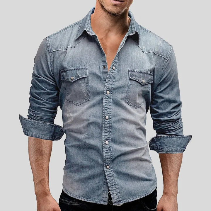 Casual denim shirt met V-neck