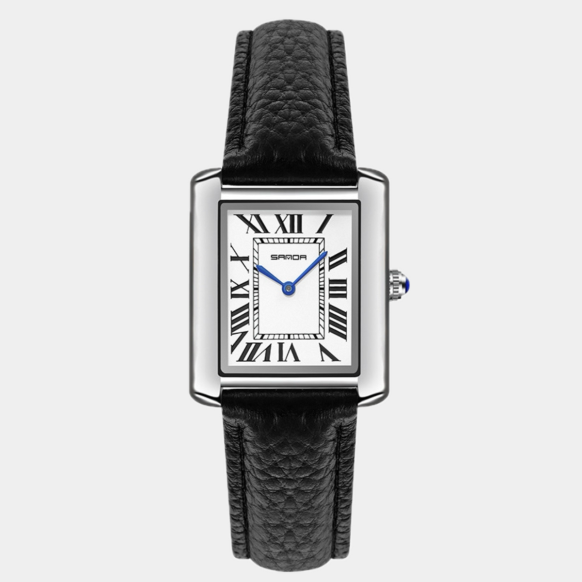 Square watch with leather strap