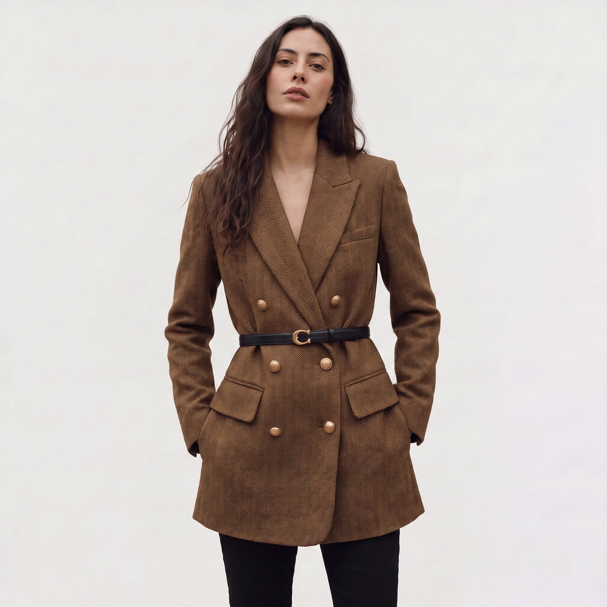 Blazer met ceintuur en herringbone