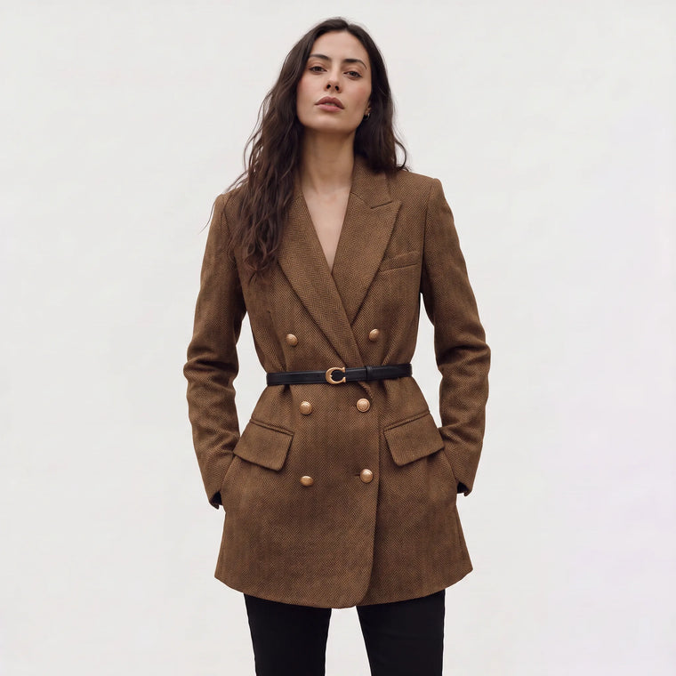 Blazer met ceintuur en herringbone
