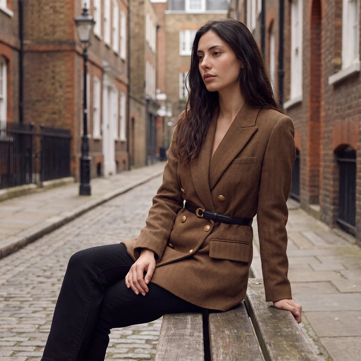 Blazer met ceintuur en herringbone