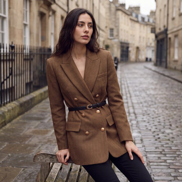 Blazer met ceintuur en herringbone