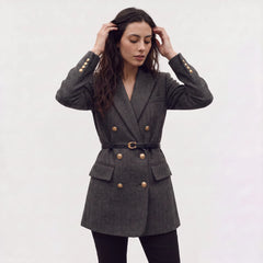 Blazer met ceintuur en herringbone