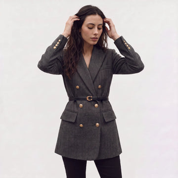 Blazer met ceintuur en herringbone