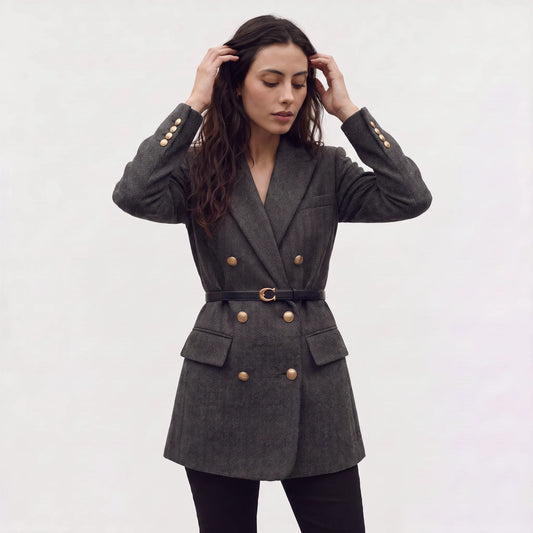 Blazer met ceintuur en herringbone
