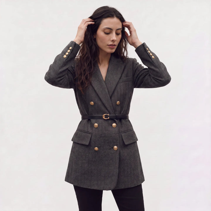Blazer met ceintuur en herringbone