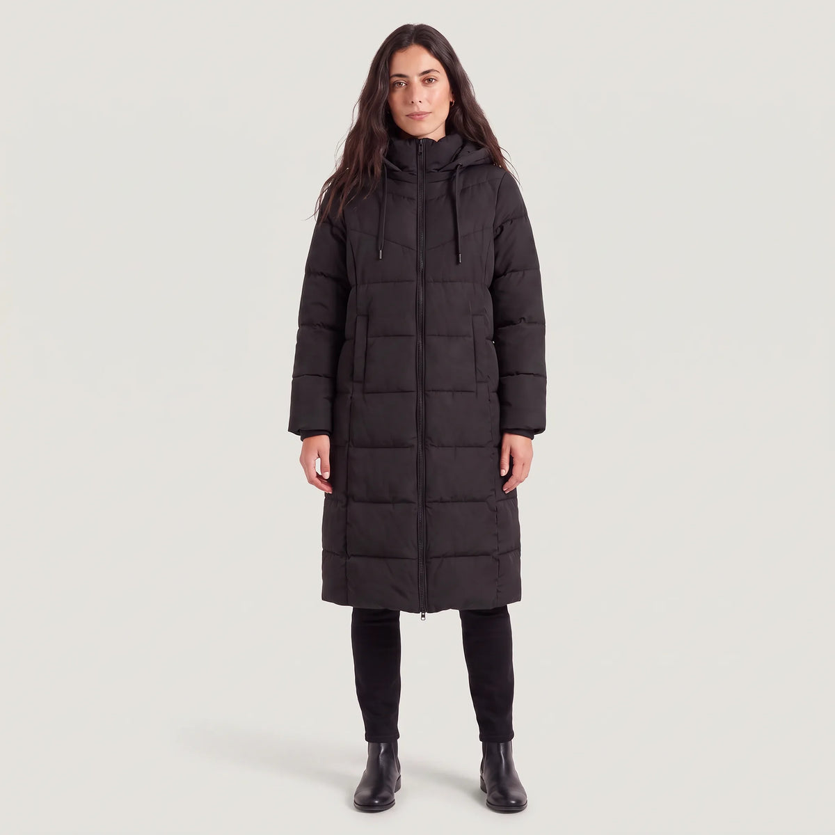 Lange puffer coat met capuchon
