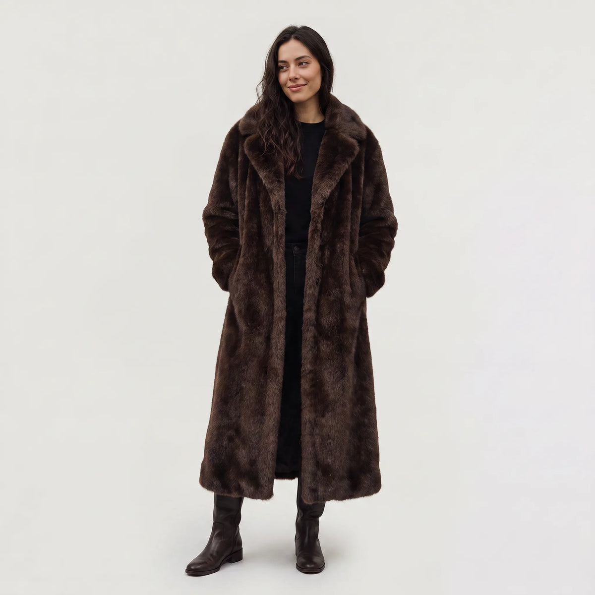 Lange faux fur jas met zakken