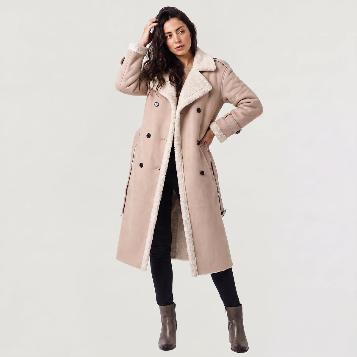 Lange aviator jas met ceintuur