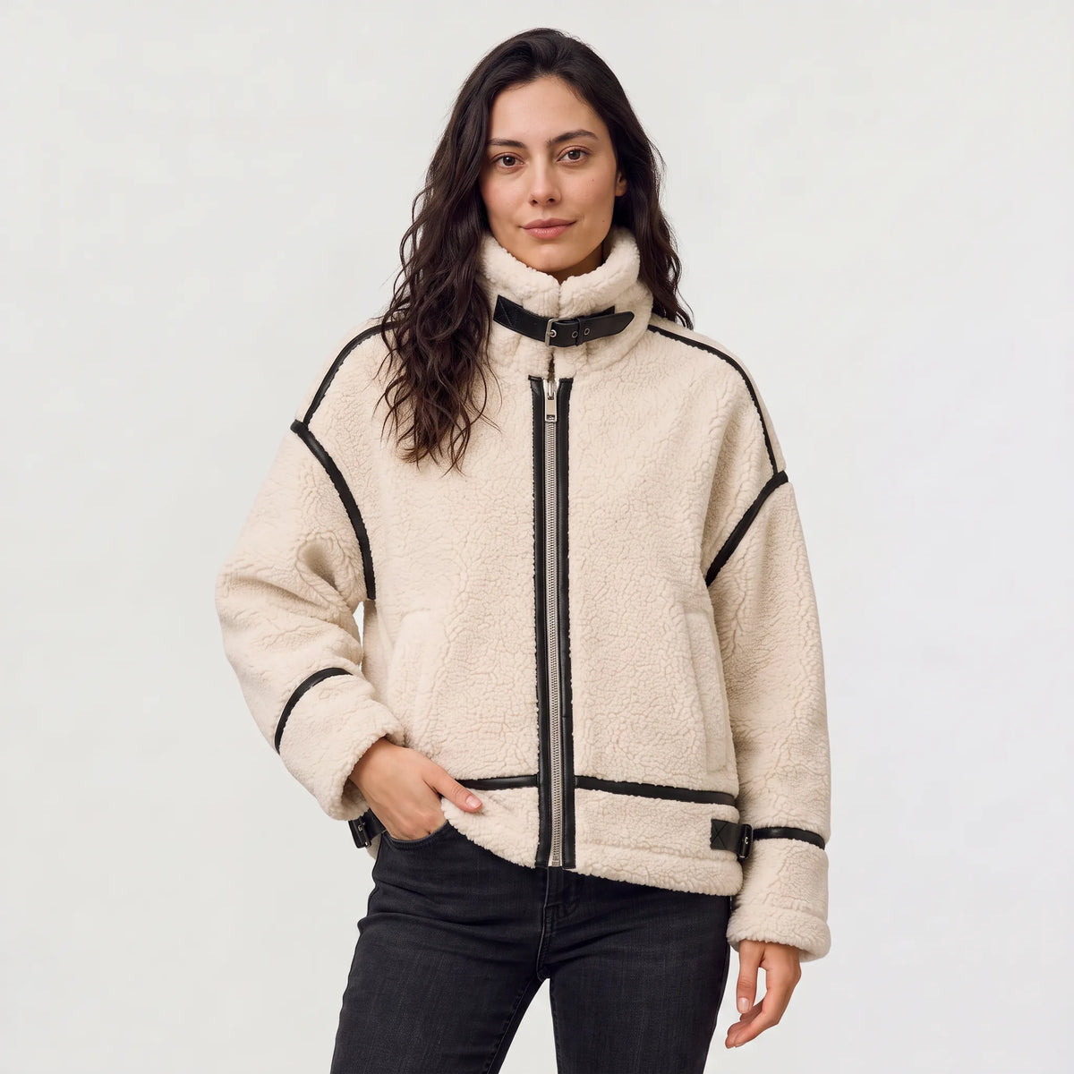 Teddy borg jacket met contrast trim