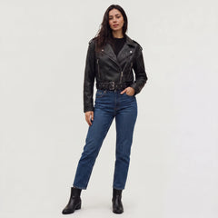 Leren bikerjack met asymmetrische rits