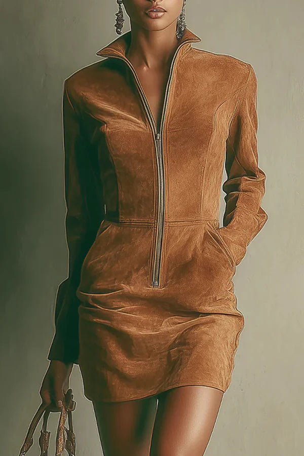 Short suede dress with high zipper and long sleeves