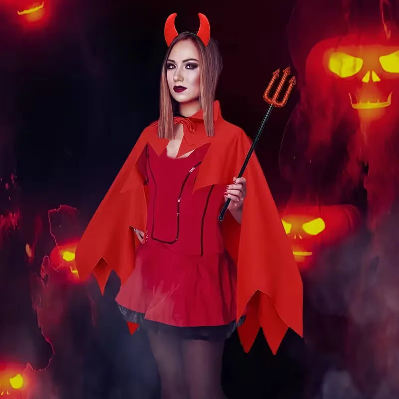 Kostuumset met rode cape en hoorn hoofdband