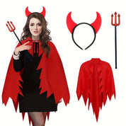 Kostuumset met rode cape en hoorn hoofdband
