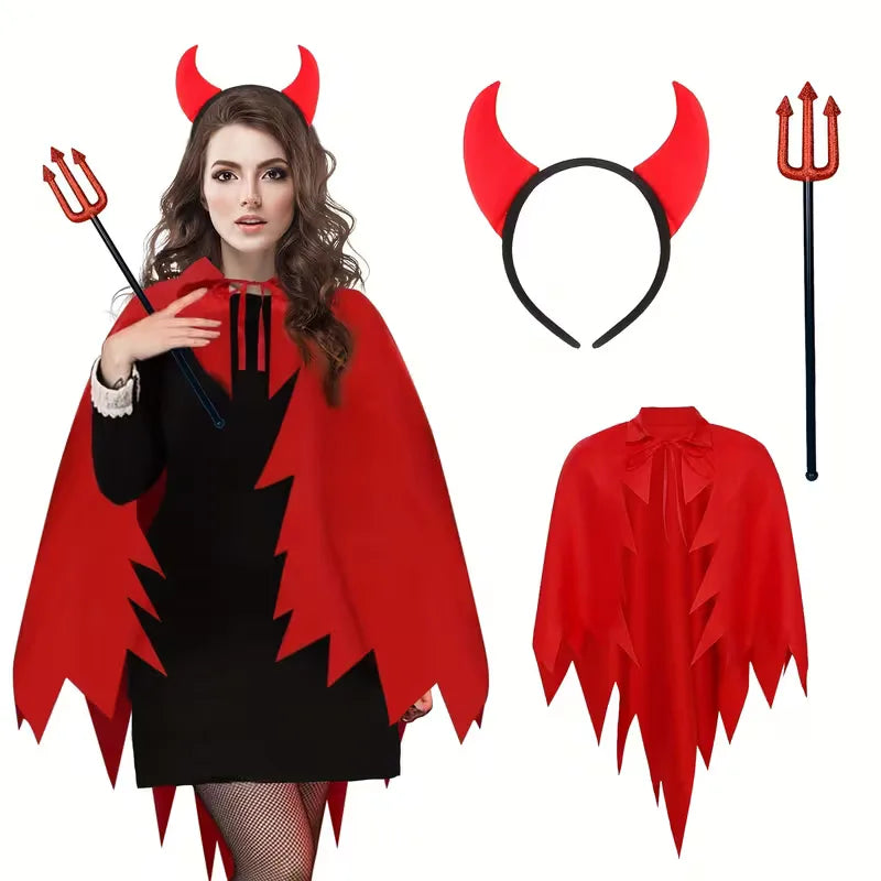 Kostuumset met rode cape en hoorn hoofdband