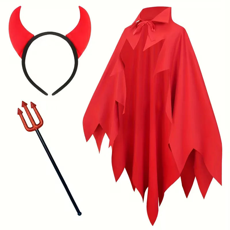 Kostuumset met rode cape en hoorn hoofdband