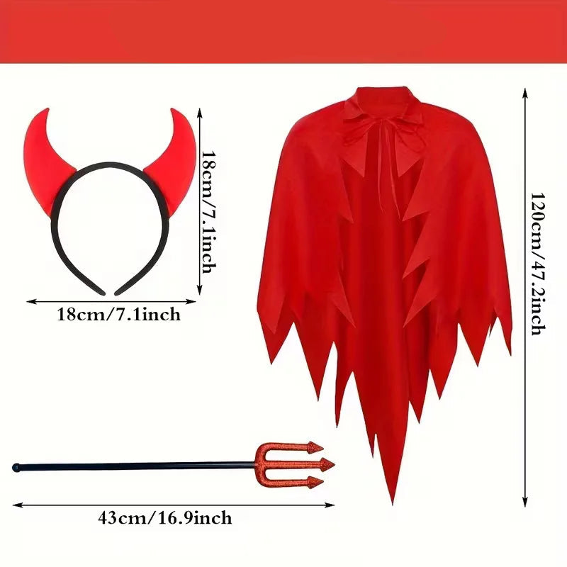 Kostuumset met rode cape en hoorn hoofdband
