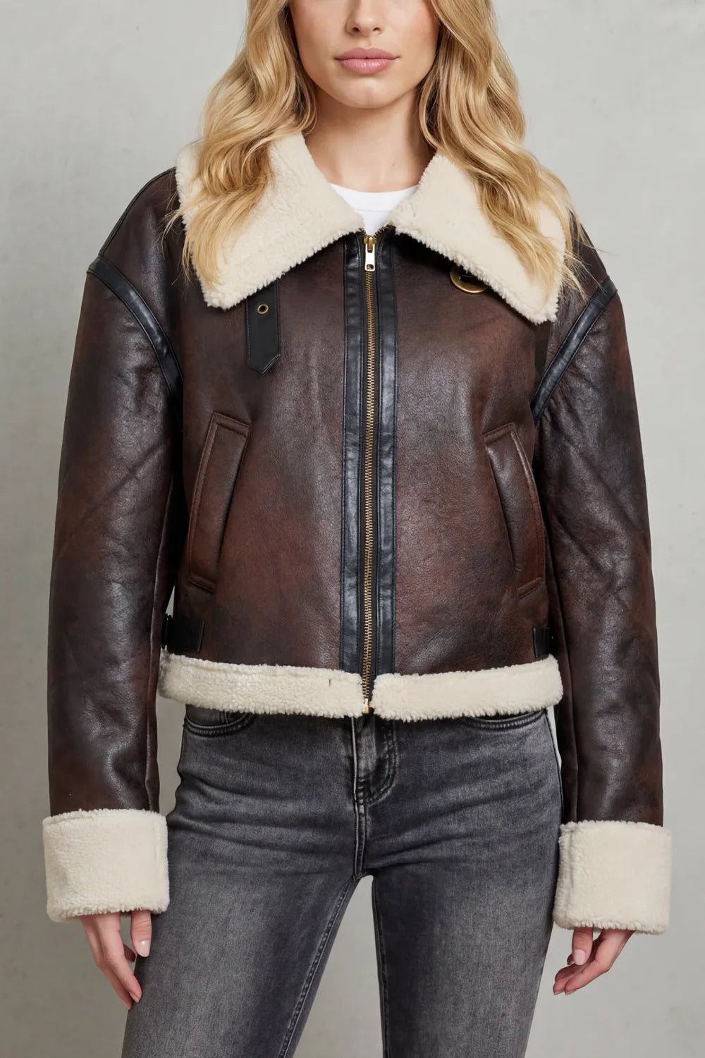 Cropped aviator jas met shearling