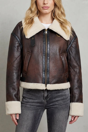 Cropped aviator jas met shearling