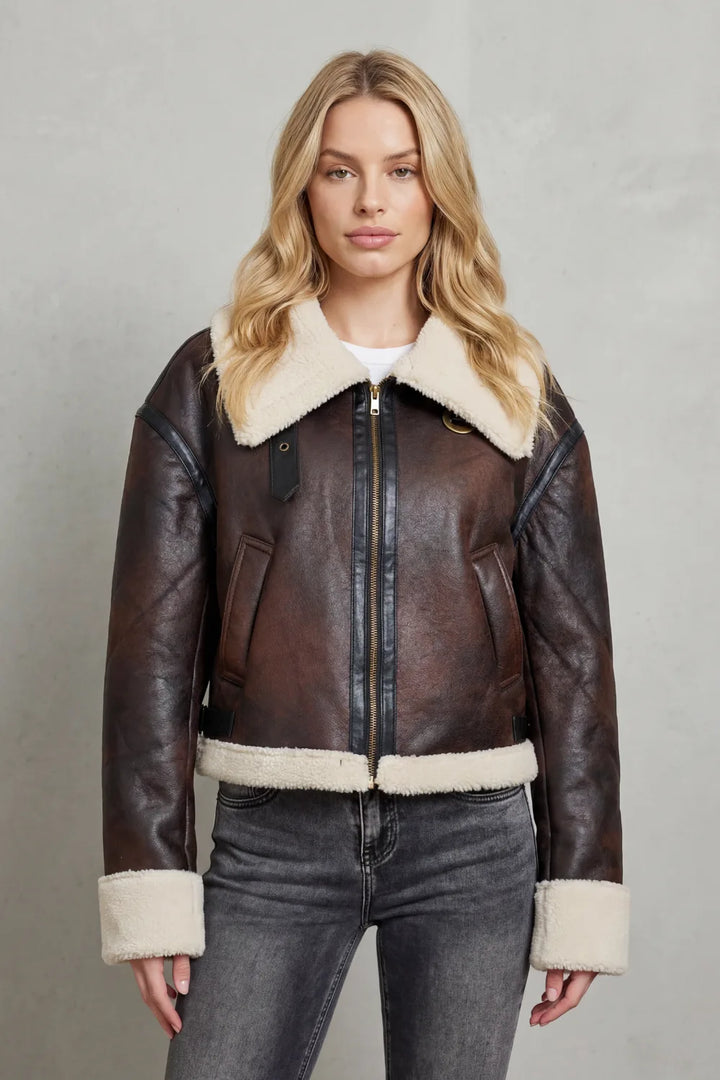 Cropped aviator jas met shearling