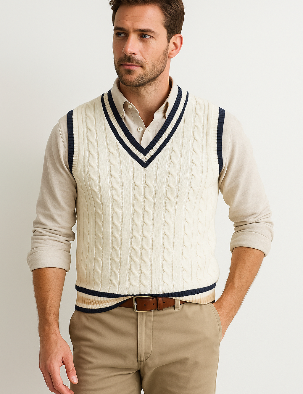 Mouwloos vest met v-hals en kabelpatroon