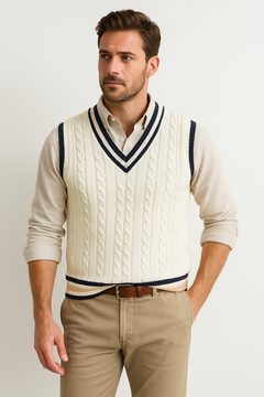 Mouwloos vest met v-hals en kabelpatroon