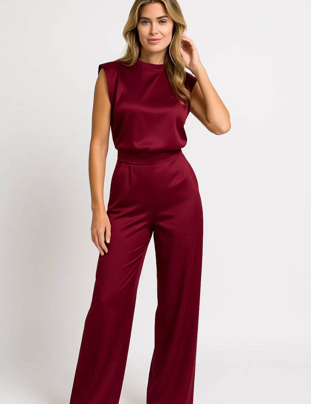 Mouwloze jumpsuit met luxe satijnlook en wijde pijpen