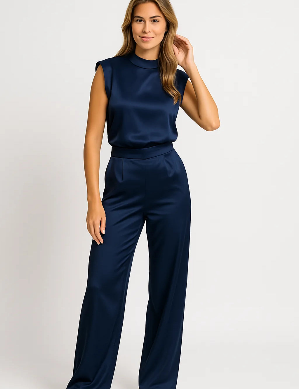 Mouwloze jumpsuit met luxe satijnlook en wijde pijpen