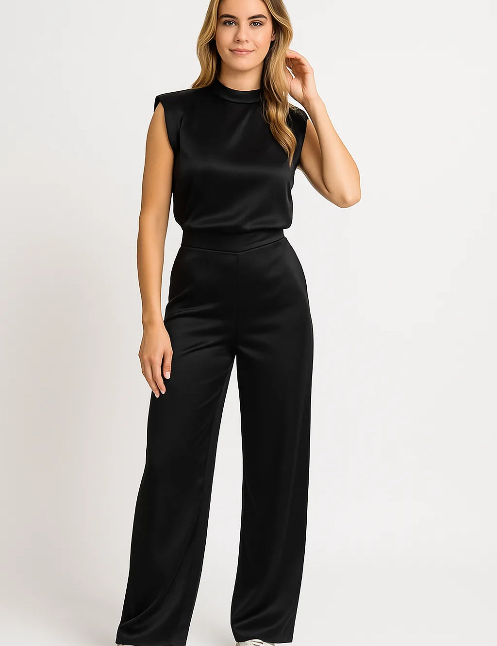 Mouwloze jumpsuit met luxe satijnlook en wijde pijpen