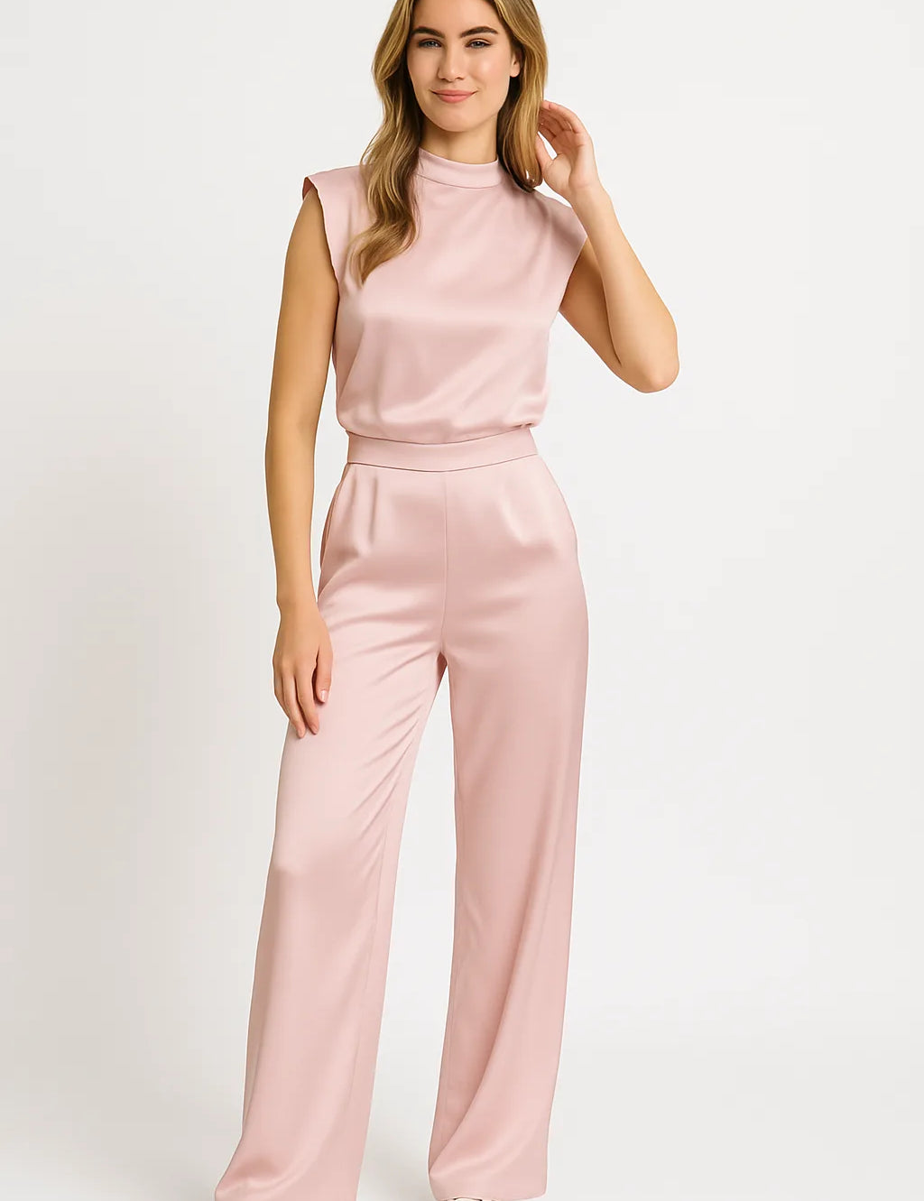 Mouwloze jumpsuit met luxe satijnlook en wijde pijpen