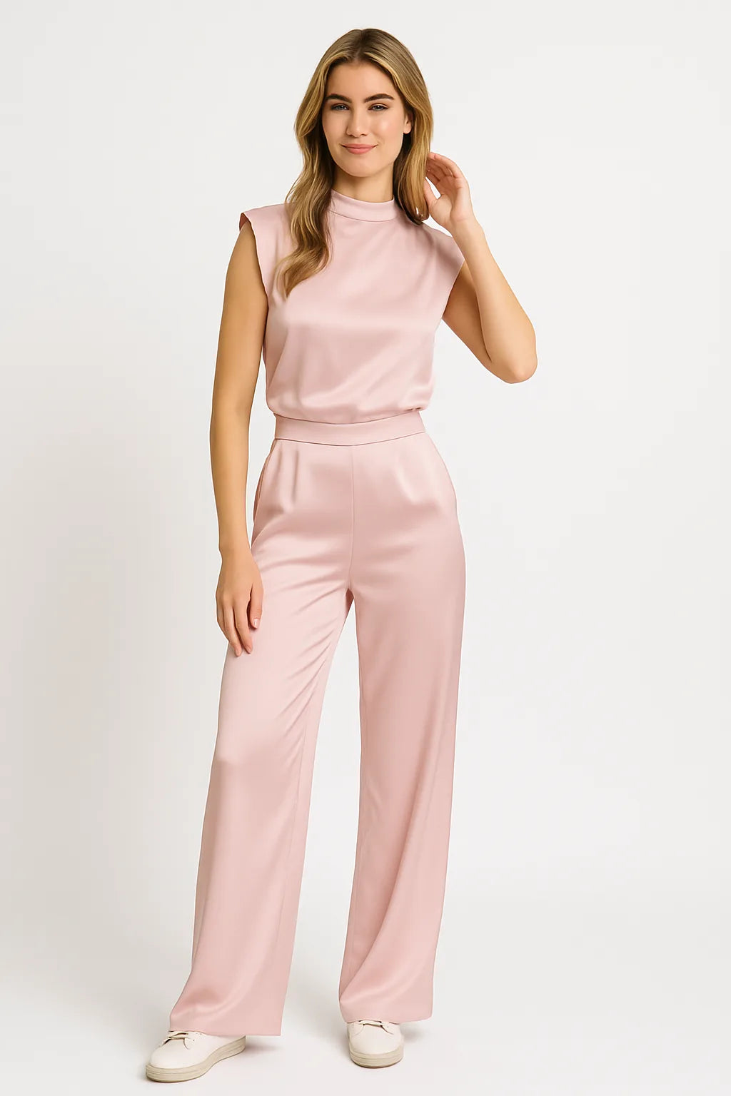 Mouwloze jumpsuit met luxe satijnlook en wijde pijpen