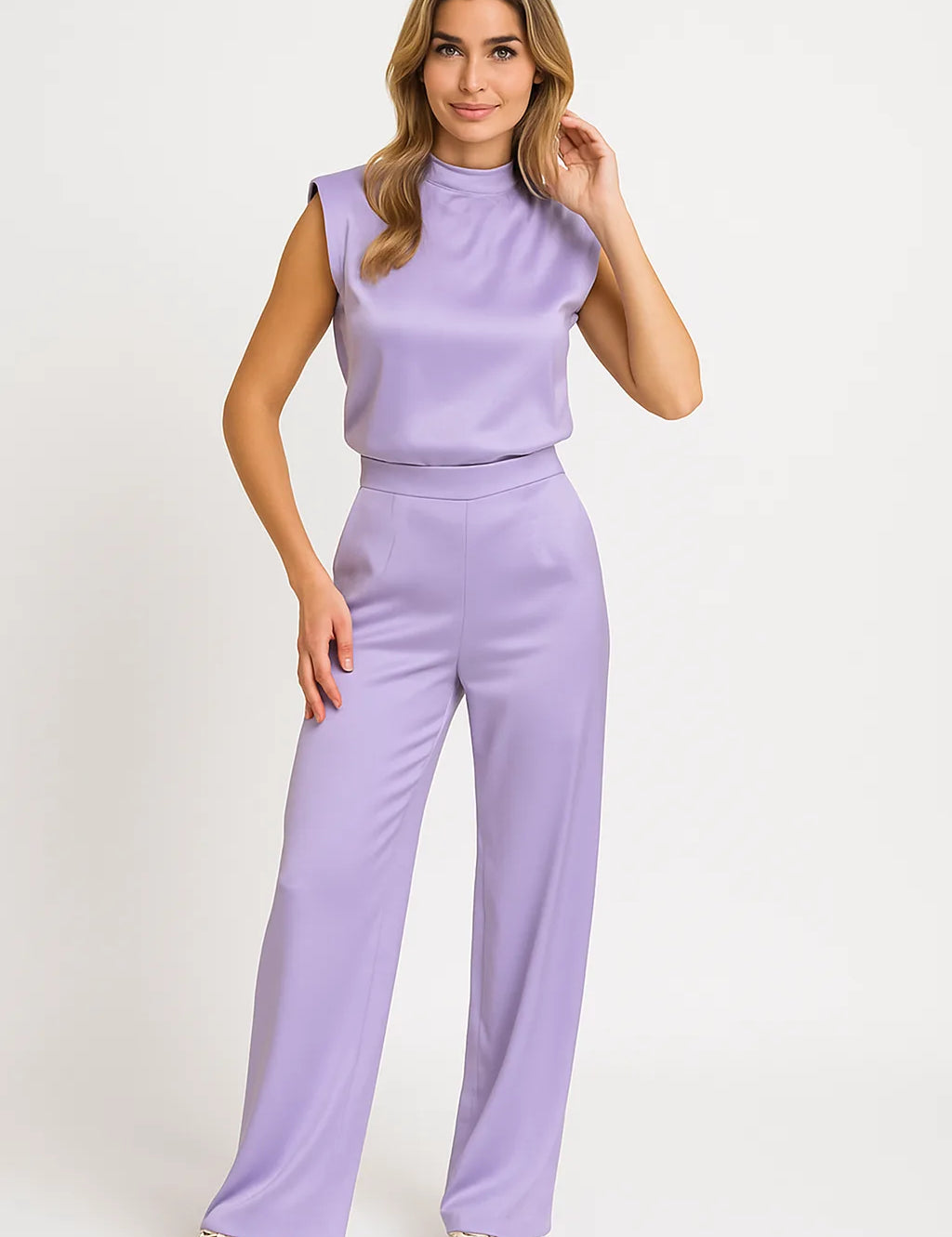 Mouwloze jumpsuit met luxe satijnlook en wijde pijpen