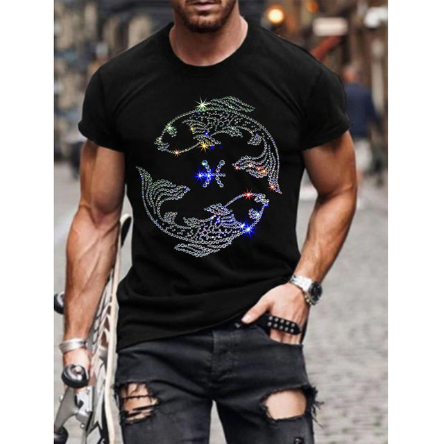 Oversized heren T-shirt met een trendy O-hals en strass steentjes voor een modieuze uitstraling. Een must-have voor mannen die op zoek zijn naar stijl en comfort.