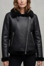Zwarte bikerjack met shearling