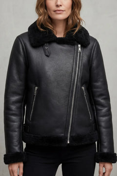 Zwarte bikerjack met shearling