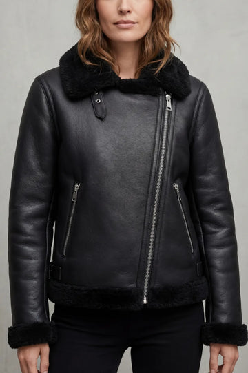 Zwarte bikerjack met shearling