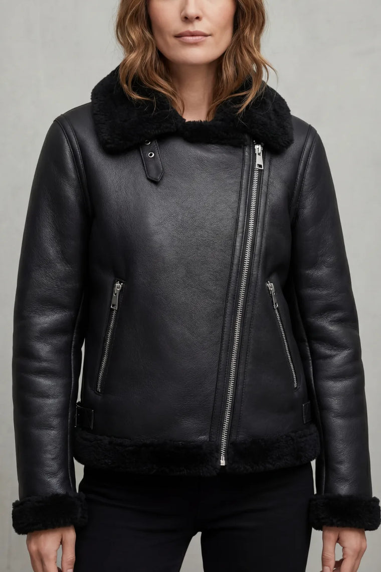 Zwarte bikerjack met shearling