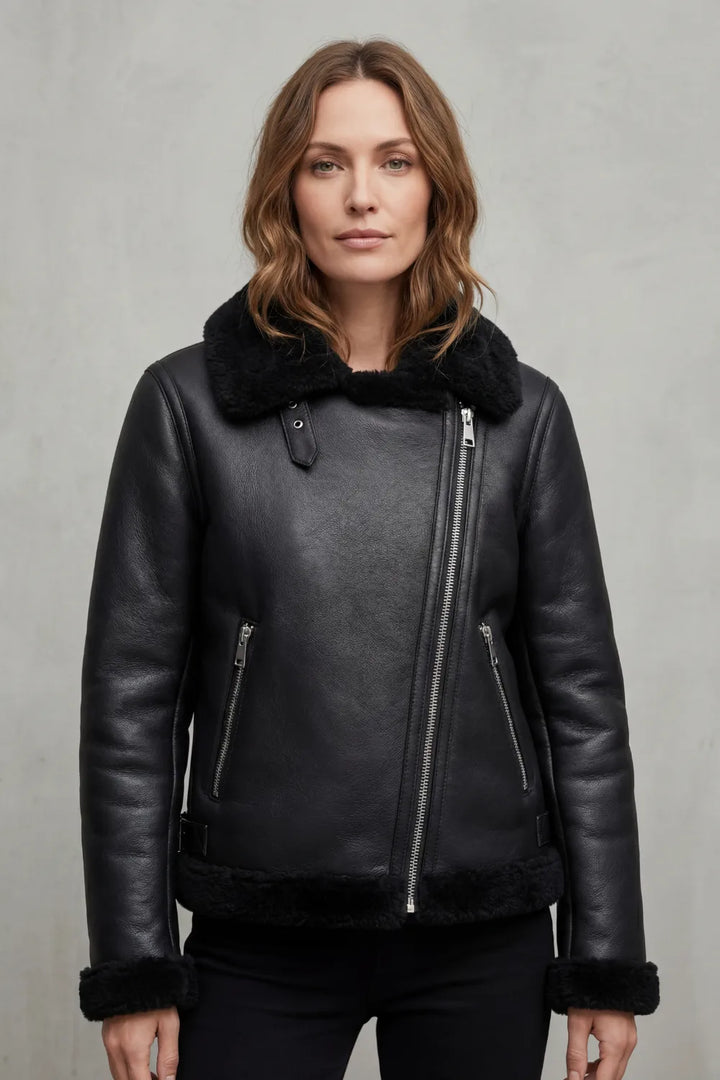 Zwarte bikerjack met shearling
