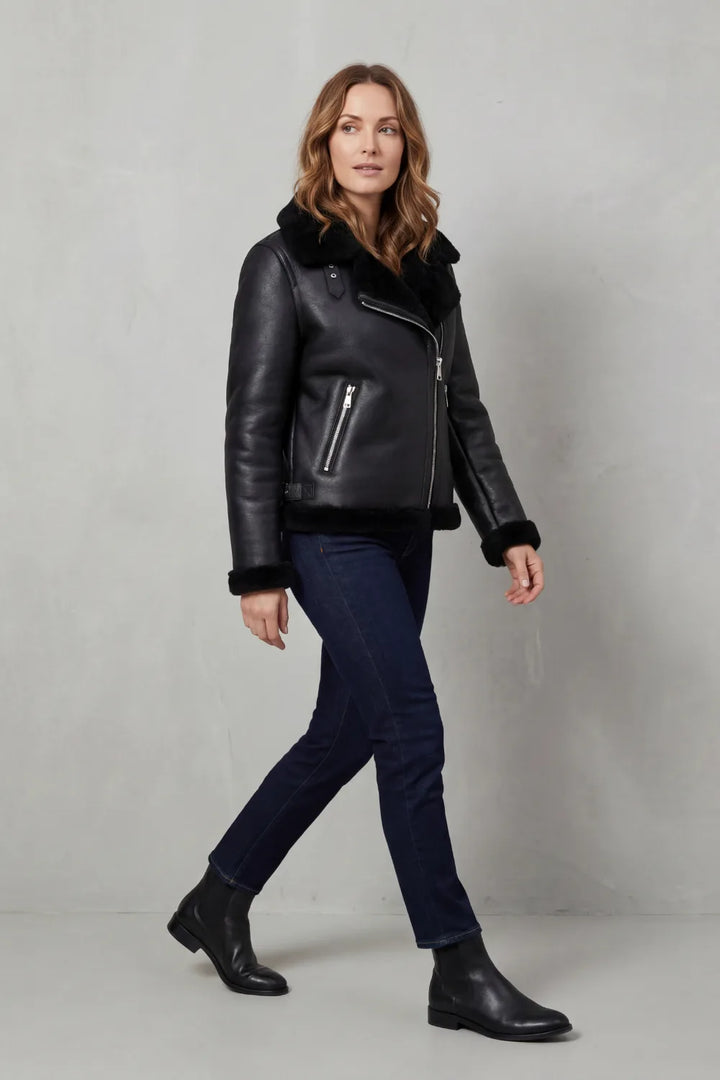 Zwarte bikerjack met shearling