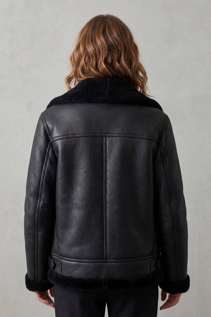 Zwarte bikerjack met shearling