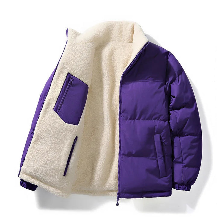Reversible puffer jacket met sherpa lining