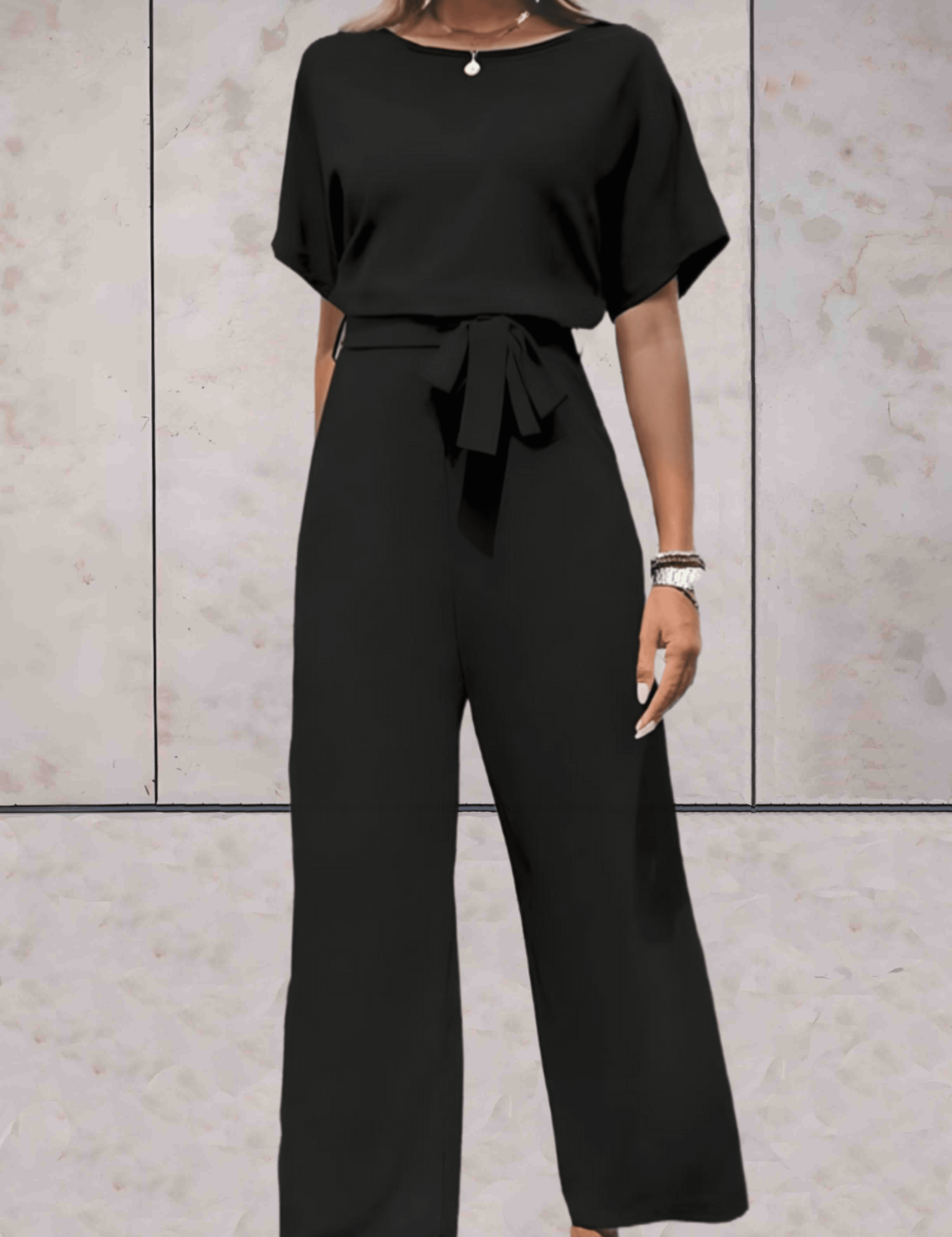 Paige - Effen jumpsuit met korte en wijde mouwen, striklinten aan de zijkant en druppelvormige opening aan de achterkant - Sky-Sense