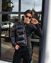 Pufferjas met glanzende afwerking en capuchon