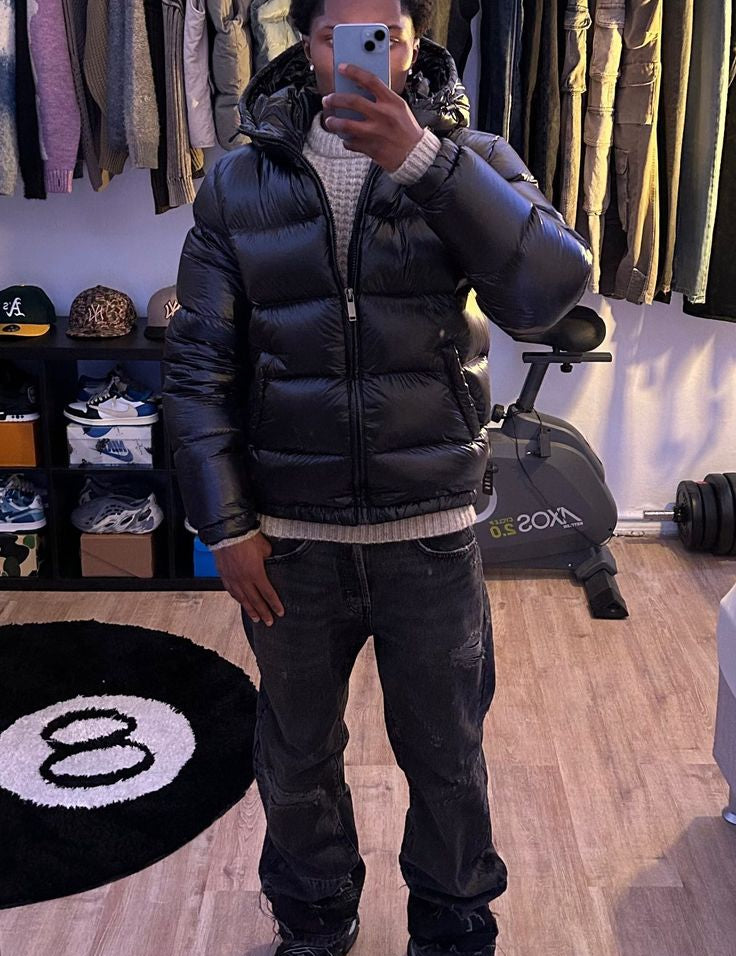 Pufferjas met glanzende afwerking en capuchon