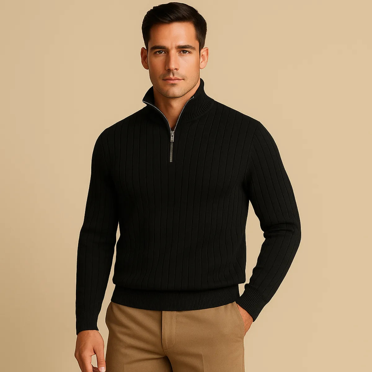 Ribgebreide trui met halve rits en opstaande kraag